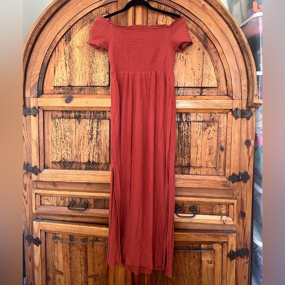 Pink Rose Shirred Off Shoulder Empire Waist Double Slit Gauze Red Maxi Dress